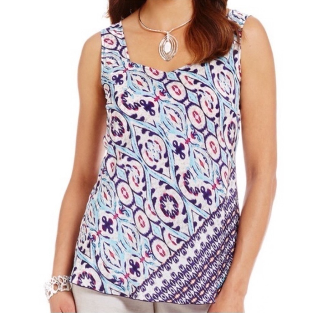 Zozo 100% Silk Sleeveless Tank Top Blue Abstract Aztec Print S
